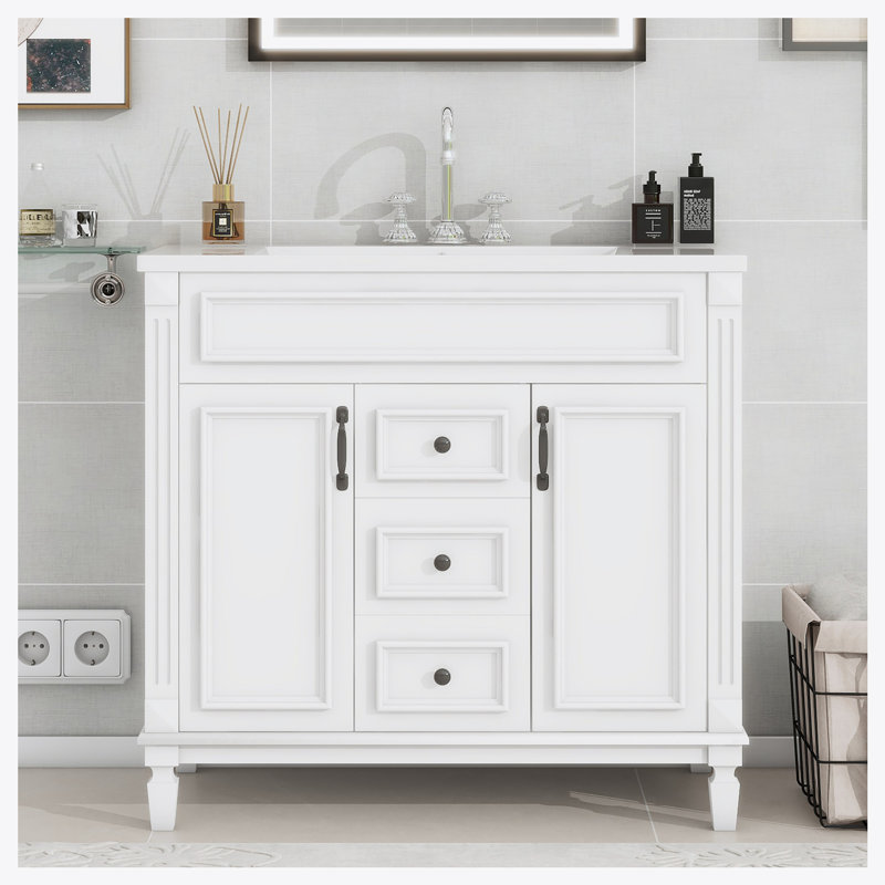 Meuble-lavabo moderne 36 po avec lavabo supérieur, Blanc / Blanc