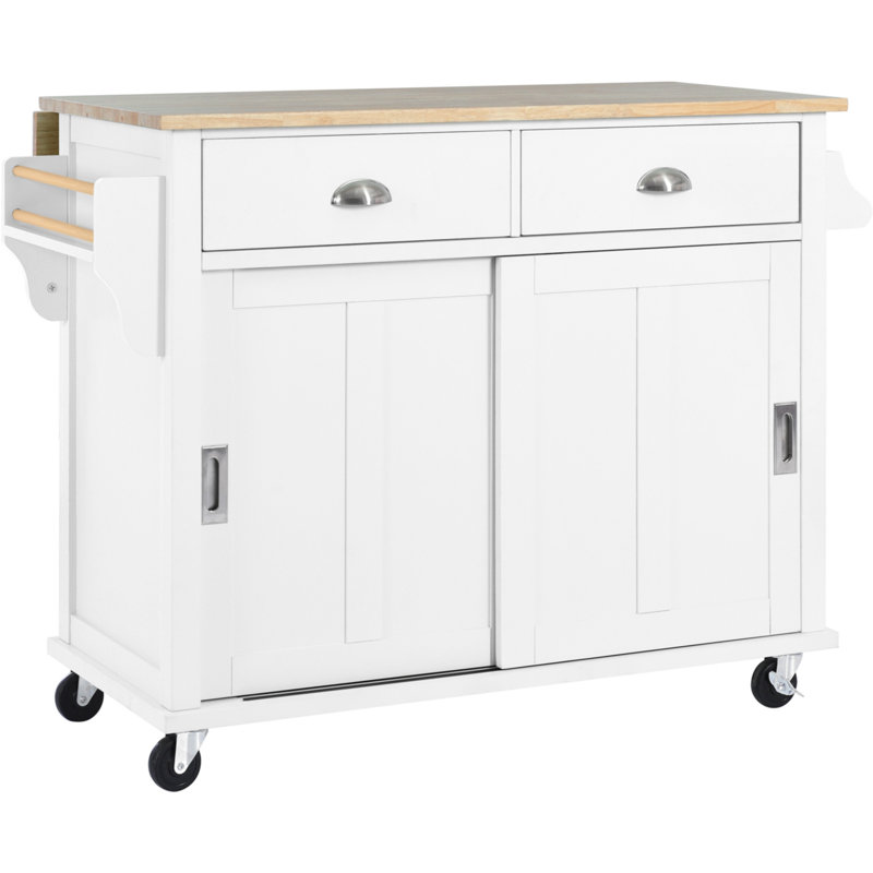 Buccigross 52.2'' Wide Rolling,with Rubber wood Drop-Leaf Countertop, Concealed sliding barn door adjustable height,Kitchen Island on 4 Wheels with Storage Cabinet and 2 Drawers,island,coffee cart