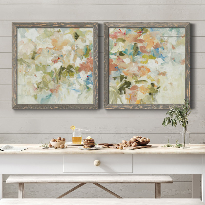 Floral Blush I - ensemble de 2 reproductions d'art sur toiles, H 35,5 po x l 71 po x P 1,5 po, Cadre gris