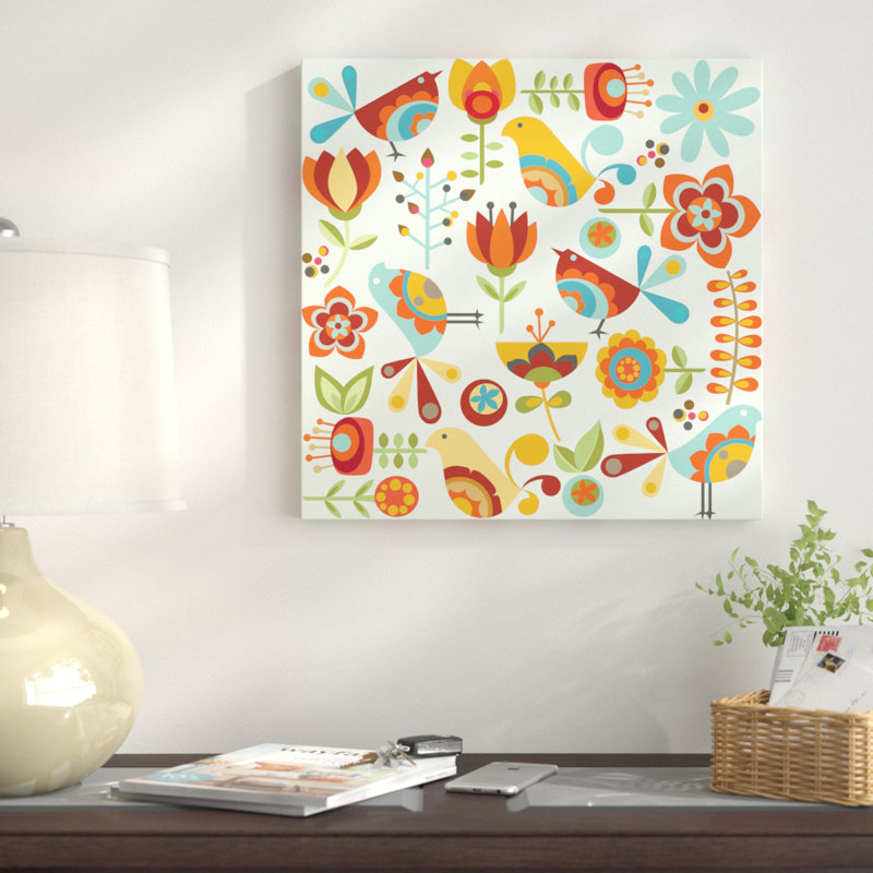 Folk Birds, impression sur toile tendue, H 18 po x l 18 po x P 1,5 po, Toile avec cadre noir