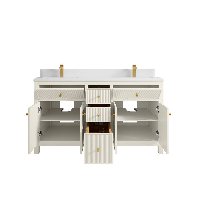 Meuble-lavabo double 60 po avec plateau en quartz Sonoma, Blanc, Naturel