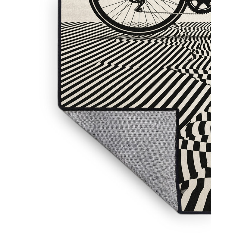 Machine Washable Auburndale Cycling Road Bike Modern & Contemporary Geometric Rug in Beige – Black Binding, 2x5