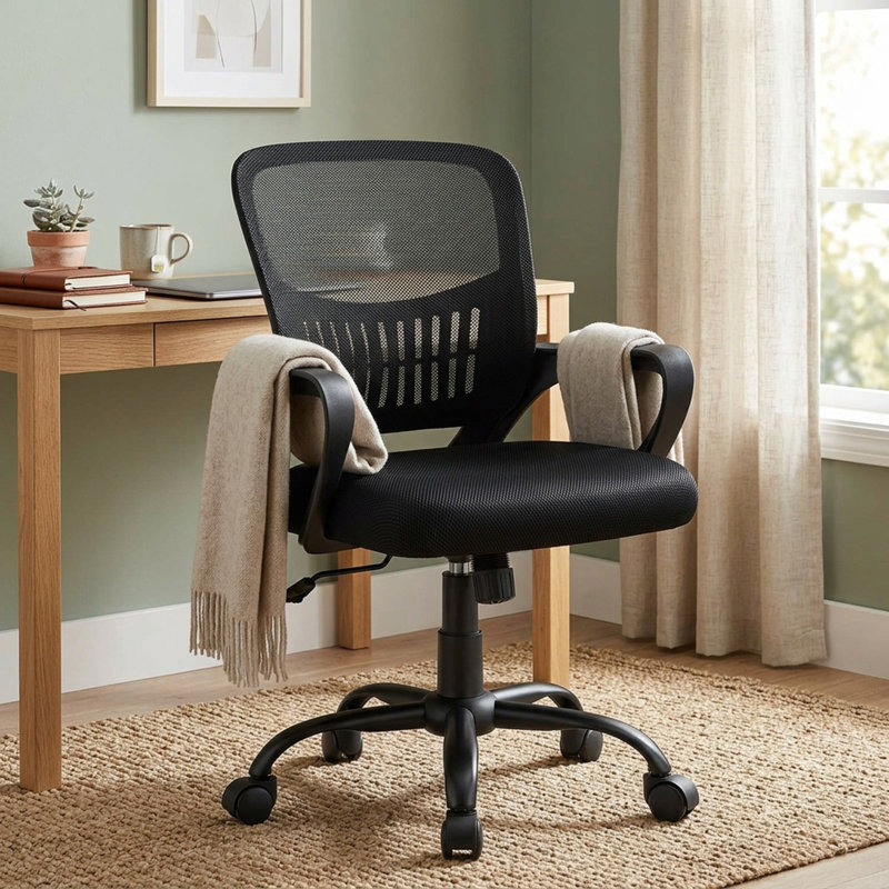 Chaise de travail ergonomique en filet avec accoudoirs fixes, Noir, Noir