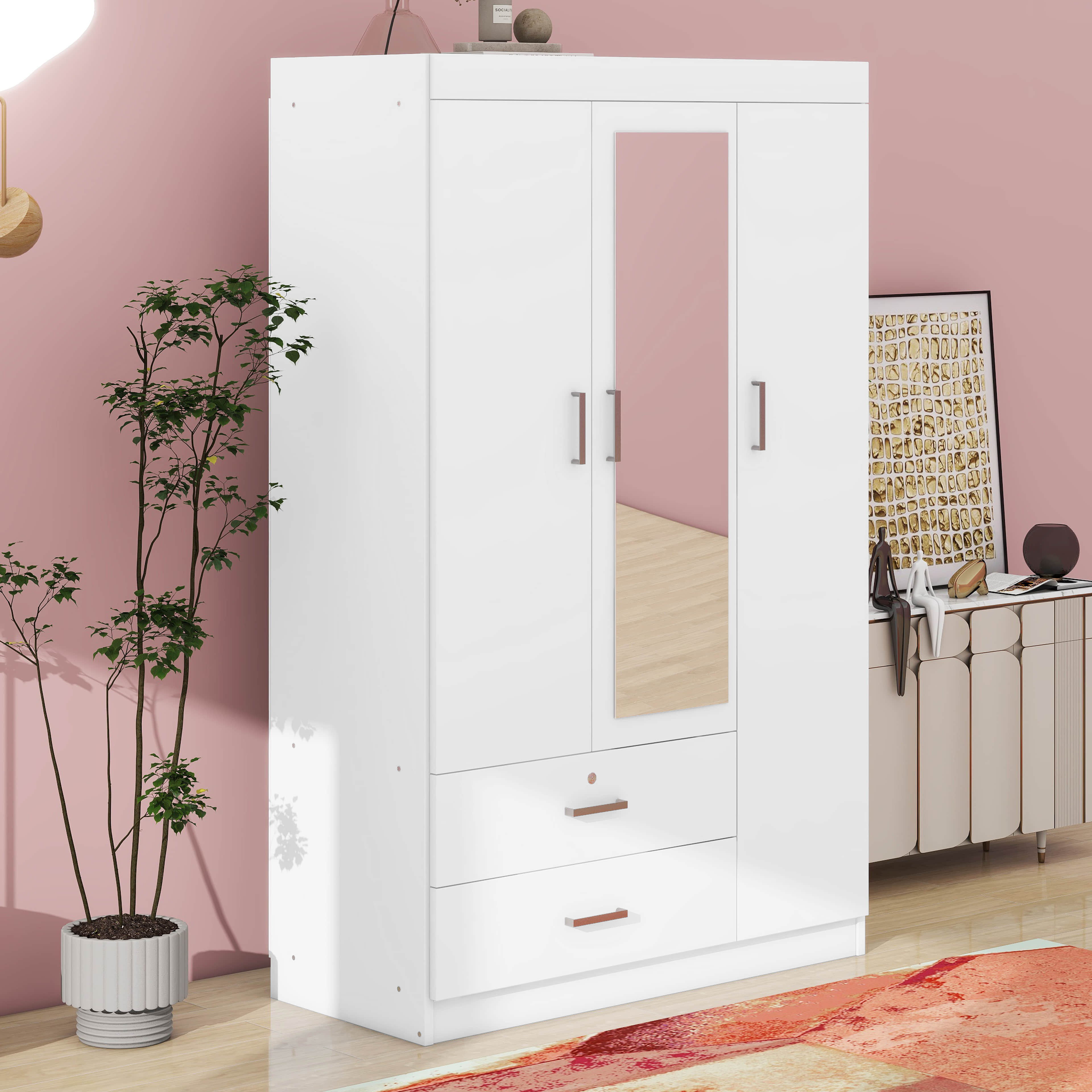 Latitude Run® 3 Doors Wardrobe Armoire Closet With Mirror, Locking ...