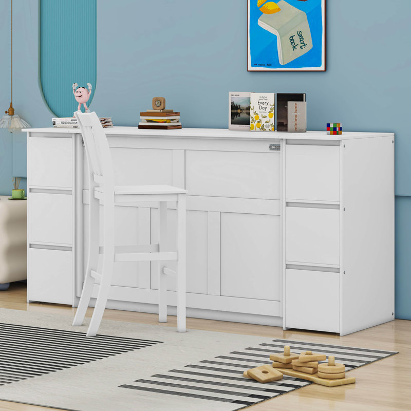 Lit escamotable avec tiroirs, armoires et ports USB, Double, Blanc