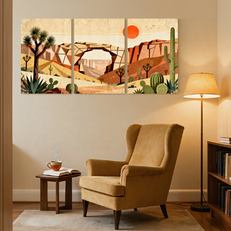Paysage et nature, paysage désertique avec arche et cactus, ensemble de 3 impressions sur toile, H 36 po x l 72 po