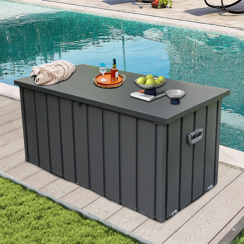 Domi Louvered Deck Box Water Resistant Lockable with Wheels, Dark Brown, 33.1" H x 54.3" W x 29.2" D