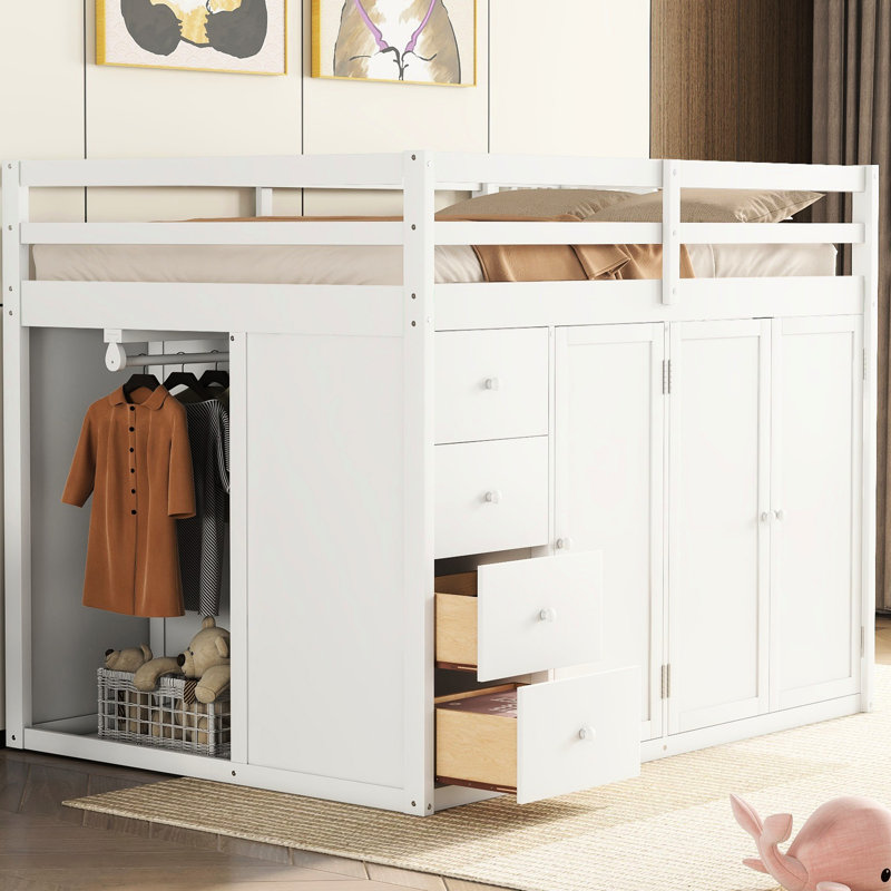 Lit mezzanine blanc avec compartiments de rangement polyvalents - Élégant et fonctionnel, optimisez l'espace de votre chambre à coucher