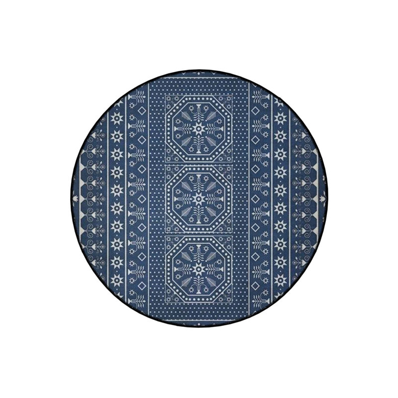 Navy Blue And White Ethnic Patterned Woven Base Modern Decorative Carpet, Round 2'8"