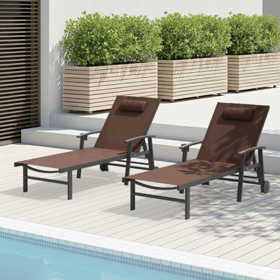 Outdoor Patio Chaise Lounge Set Of 2 With Wheels And Armrests