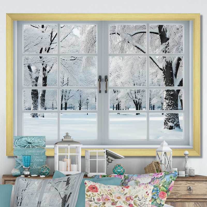 Winter Forest Window Views I - Winter Landscape, reproduction d'art sur toile encadrée, Cadre doré à coins fermés