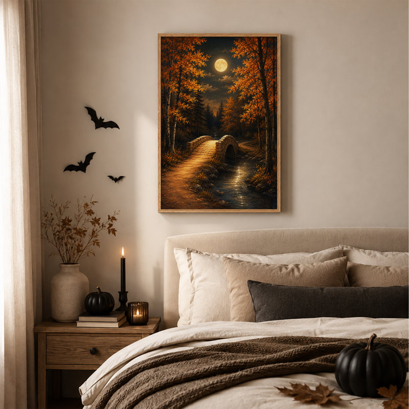 «Stone Bridge Over Stream In Moonlit Autumn Forest», art mural sur toile, H 48 po x l 36 po