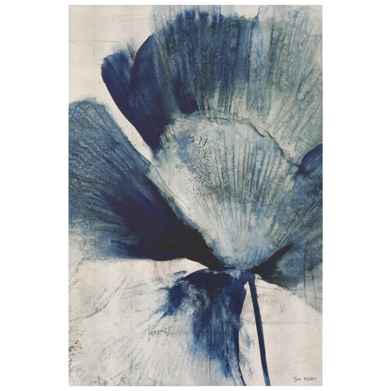 "Azure Bloom", Blue Flower Rendered on Gold Shagreen Wrapped Canvas Wall Art