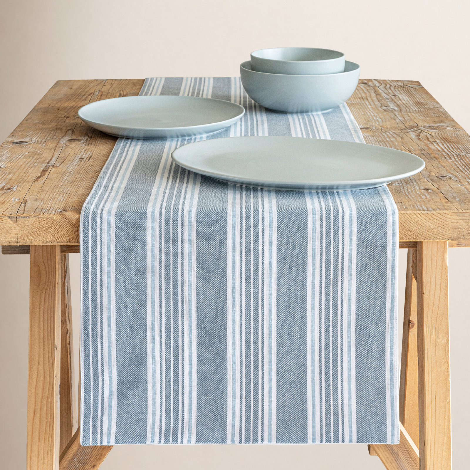 Woven Striped Striped Table Runnner, Blue/White, 18" W x 108" L