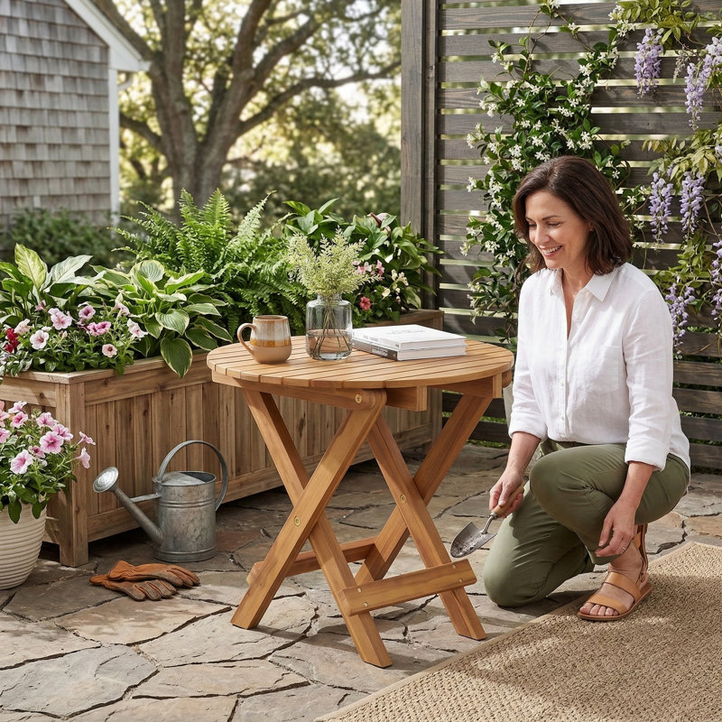 Outdoor side table made of acacia wood with a teak finish. Features a foldable and adjustable design. Requires no installation.