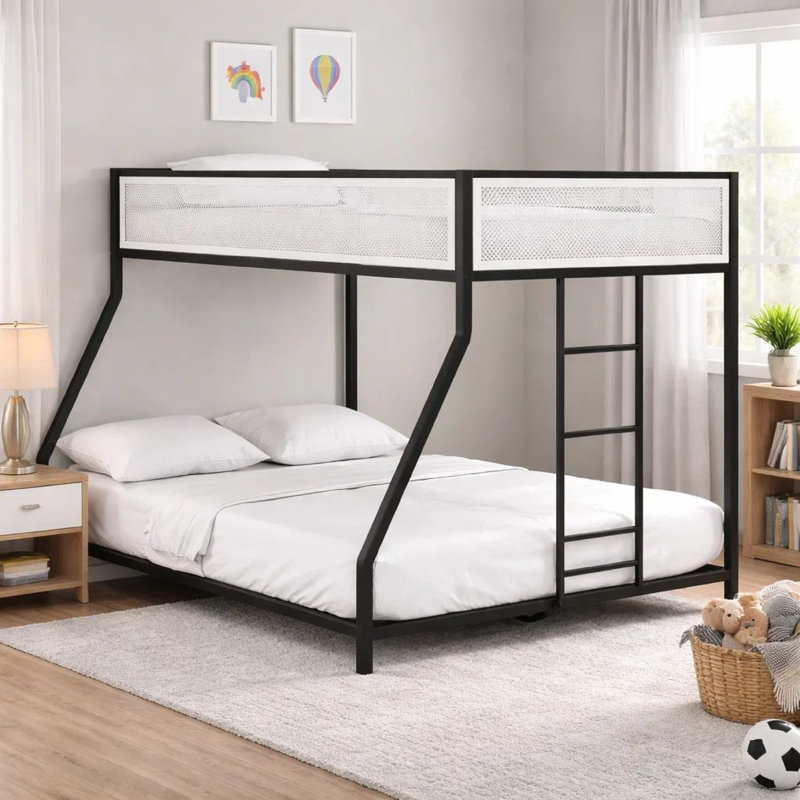 Lit superposé simple au-dessus de double avec garde-corps en filet, métal noir Ady