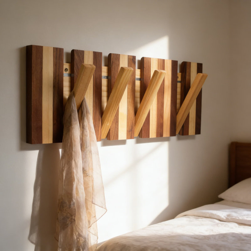 Portemanteaux mural Mid-Century moderne avec 4 crochets rétractables | Organisateur de vestibule et de vestibule | Fabrication en bois naturel de pin et de noyer