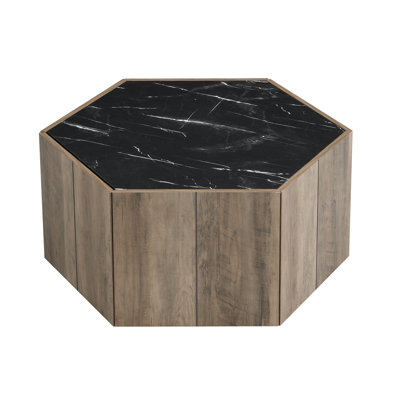 Table basse hexagonale rustique rétro en bois, 2 tiroirs, plateau en marbre noir, finition chêne brun clair | Idée de cadeau
