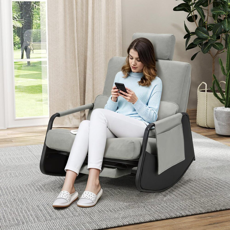 Rocking Chair With Retractable Footrest And Adjustable Backrest, Grey 