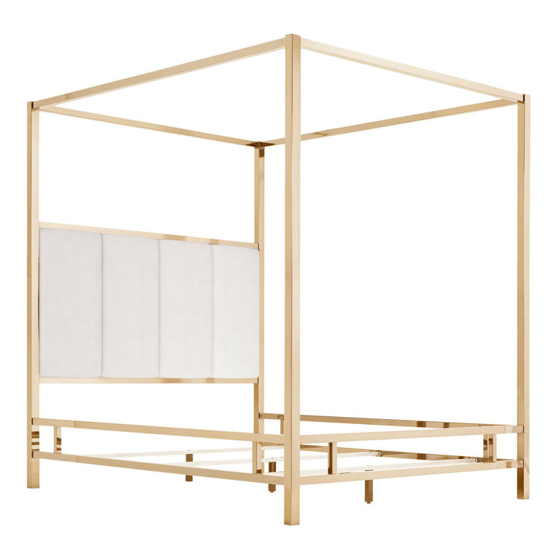 Upholstered Metal Canopy Bed, Champagne Gold/White, Full