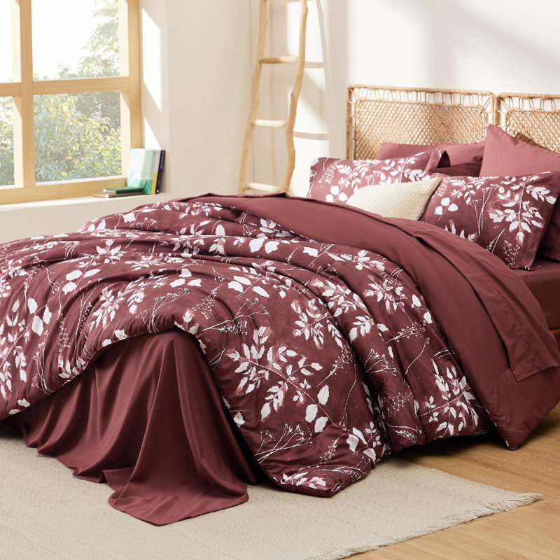 Bedsure Bed in a Bag - Reversible Floral & Plant Pattern Printed with Comforters, Sheets, Pillowcases & Shams, 89GSM