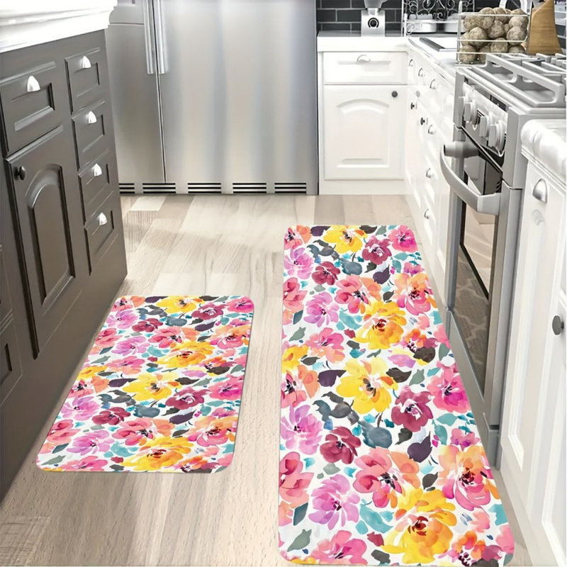 Ensemble de 2 tapis de cuisine à motif floral aquarelle multicolore