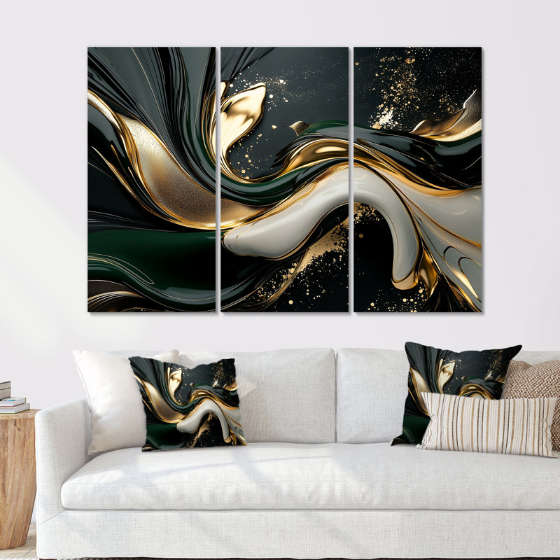Or noir et noir captivant - ensemble d'art mural abstrait vagues modernes, 60" H x 84" W x 1.5" D, Wrapped Canvas