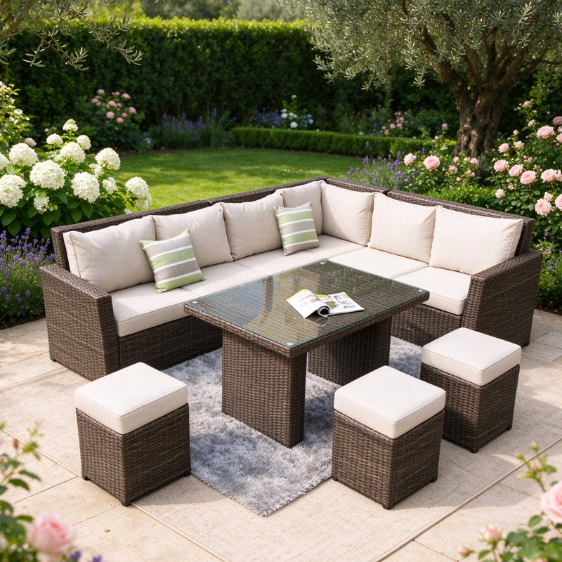 Iverson 8-Piece Wicker Aluminum Sectional Seating Group with Cushions, Brown