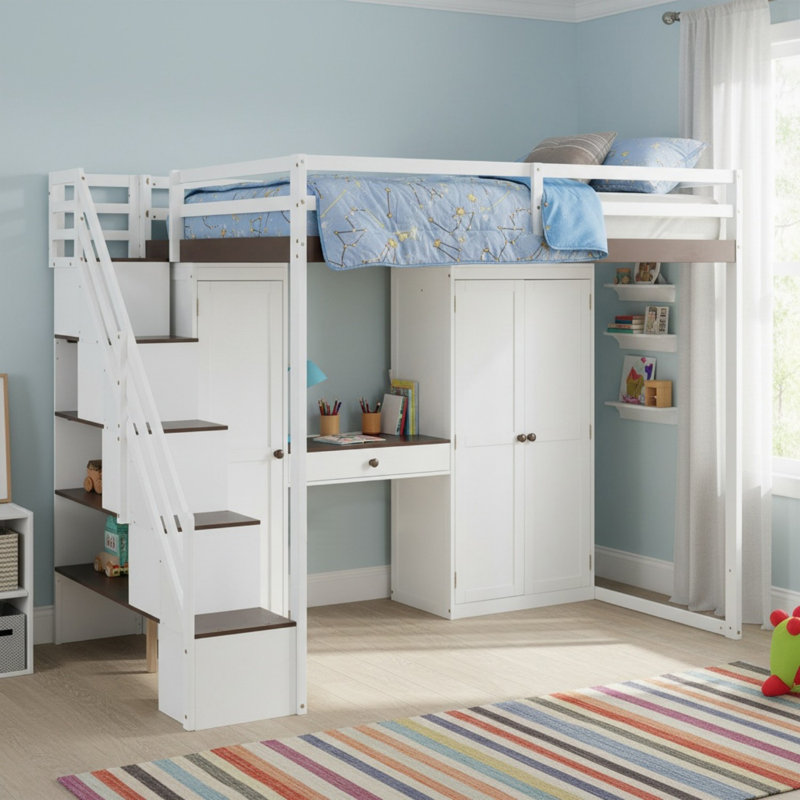 Solid Wood Full Size Loft Bed with Storage Staircase, Built-In Dressing Table with Mirror and USB Charging Ports for Bedroom