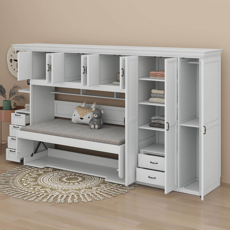 Lit escamotable simple avec bureau, lit mural pliable en bois multifonctionnel avec garde-robe, tiroirs et armoire, Blanc