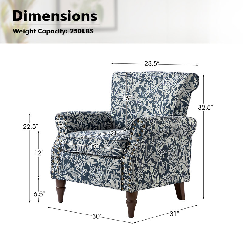 Fauteuil rembourré avec pieds en bois massif Mooresville, Mélange de polyester bleu marine