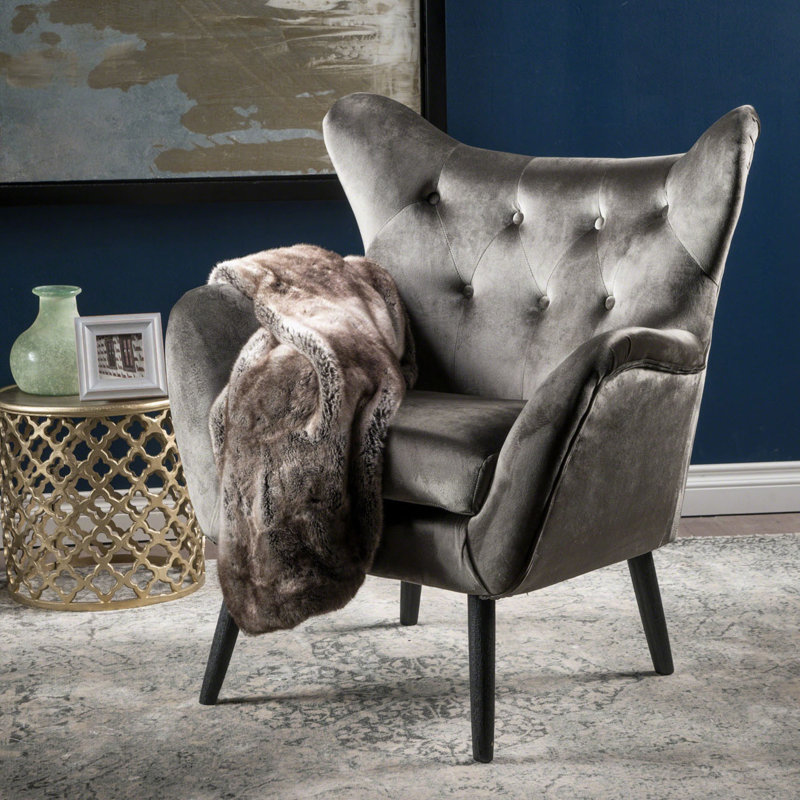 Fauteuil à oreilles rembourré, Gris, Noir, H 39,72 po x l 28,47 po x P 34,26 po