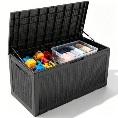 110 Gallon Durable resin outdoor storage deck box with waterproof uv-resistant design, ideal for patio cushions, pool toys and garden tools, Black