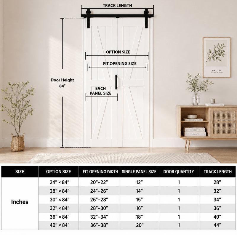Portes de grange pliantes en bois manufacturé en forme de K 84 po avec quincaillerie d'installation, 36 po x 84 po