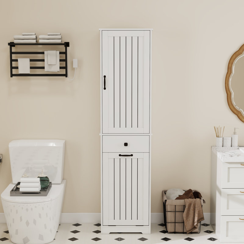Armoire de salle de bain en bois avec panier à linge et tablettes de rangement