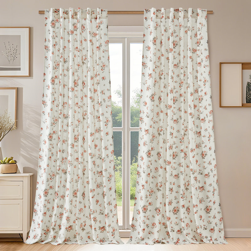  Rose Floral Linen Curtains for Living Room, Light Filtering Farmhouse Drapes Country Vintage Back Tab Window Panels for Bedroom, 2 Panels