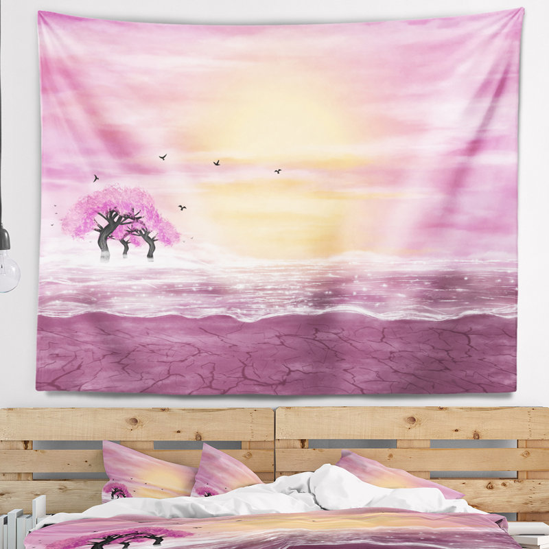 Schafer, paysage d'eau et arbres roses dans une tapisserie du désert, H 68 po x l 80 po