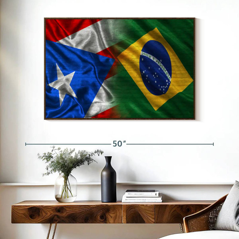 Drapeaux de Porto Rico et du Brésil, 40 po x 27 po, Cadre flottant noyer