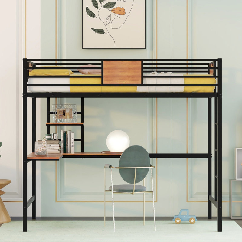 Lit mezzanine simple en métal avec bureau et tablette, noir