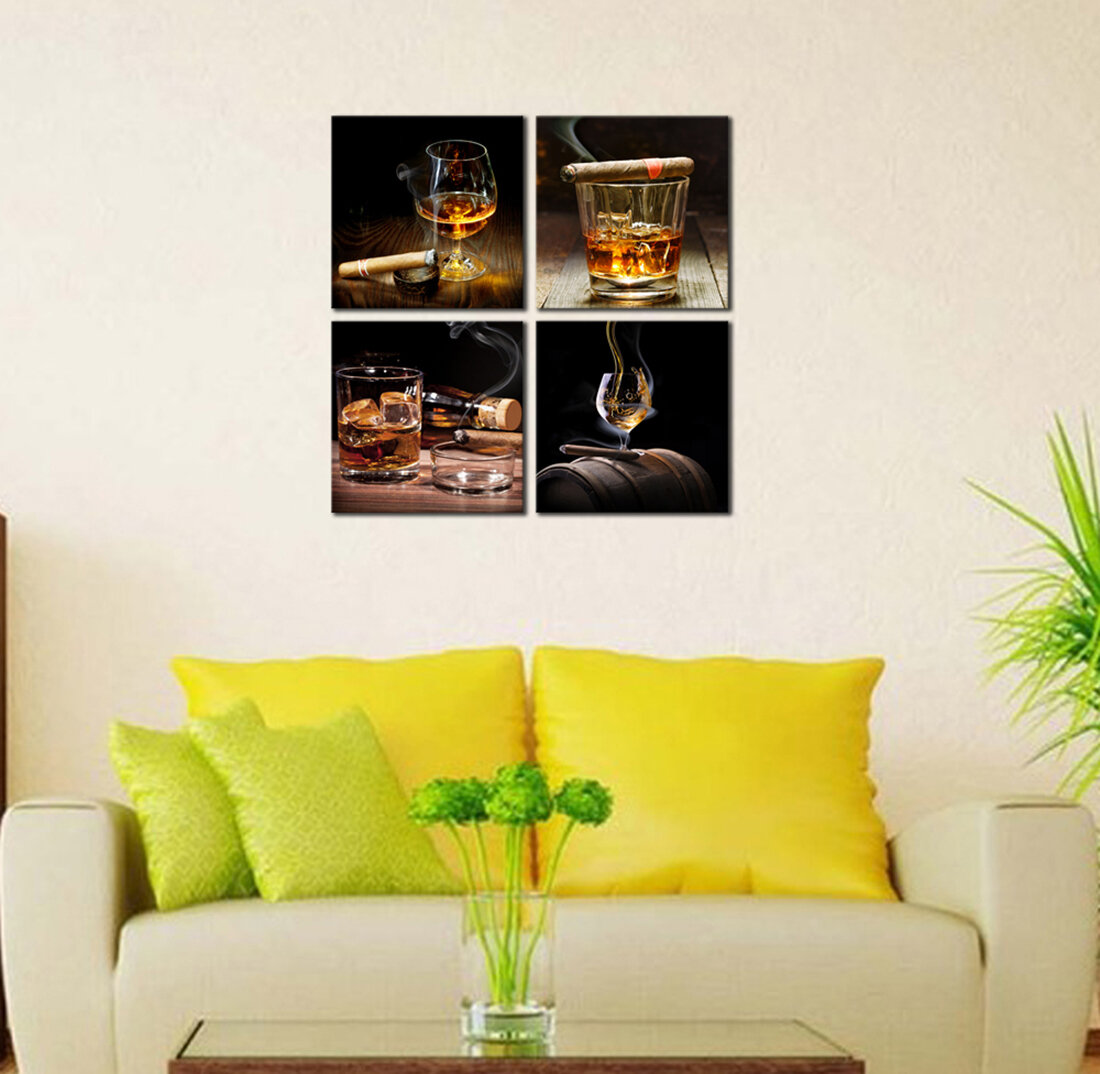 Ebern Designs Cigar Wine Whisky Wall Art On Canvas 4 Pieces Print