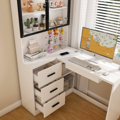 American Design White L-shape Desk With Spacious Work Surface, Glass Cabinets, And Integrated Organization For Home Offices Modern Computer L-shaped D