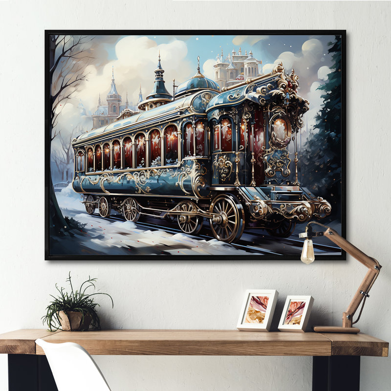 Voyage en train de Noël I - train, art mural, H 12 po x l 20 po x P 1 po, Cadre flottant noir
