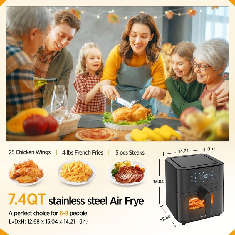 Grande friteuse à air de 7,4 pte avec panier en acier inoxydable 304 sain, séchoir à air antiadhésif 9-en-1 de 1500 W avec fenêtre transparente, lavable au lave-vaisselle et format familial, écran tactile de 140 à 400 po pour frites, poulet