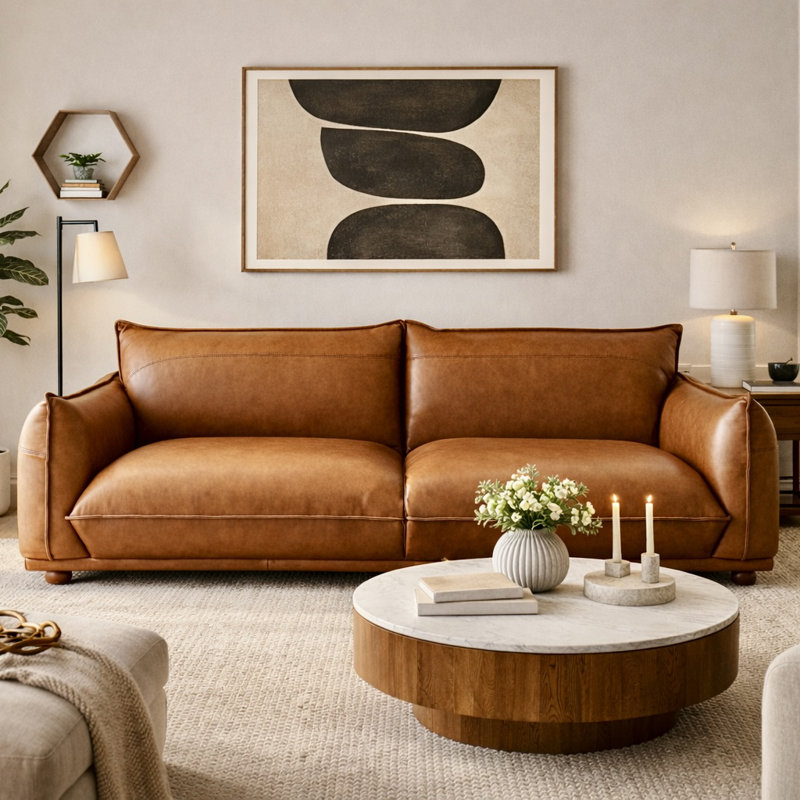 Hollywood Mid-Century Modern Real Leather Sofa with Vintage Look