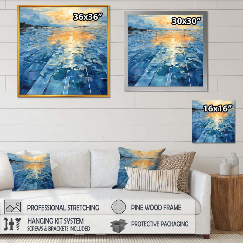 Panneaux solaires abstraits bleus et jaunes II - Panneaux solaires, art mural, Cadre simple noir, H 16 po x l 16 po x P 1 po