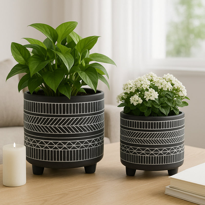 Charmayne Modern Textured Footed Planters for Outdoor and Indoor Spaces - Artistic Flower Pots for Home, Living Room, or Patio Decor - Set of 2, 8", 6"