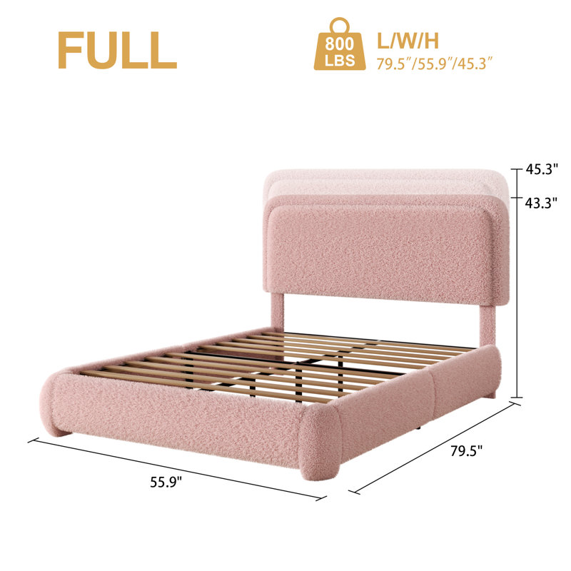 Base de lit plateforme tapissier Boucle avec tête de lit réglable et coins arrondis doux, Double, Rose