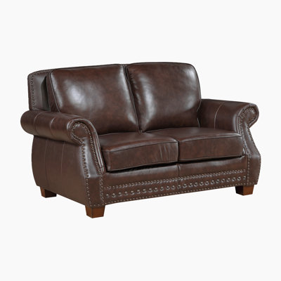 Southlake 64.5" Traditional Top Grain Leather & Faux Leather Loveseat with Nailhead Trim, Solid Wood Feet, Attached Cushions