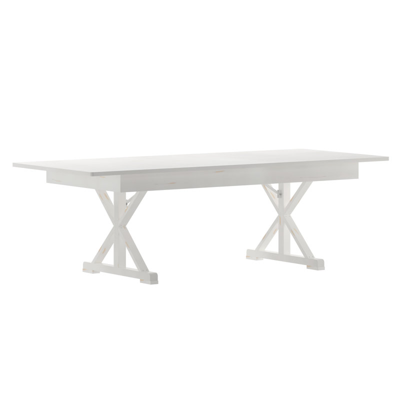 Eternity Rectangular Solid Pine Farm Dining Table with Folding X-Style Legs, Antique White, 40.25" W X 96" L