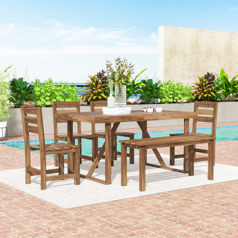 Ensemble repas d'extérieur 6 pièces avec table en bois d'acacia, banc et 4 chaises pour les espaces de jardin ou de piscine